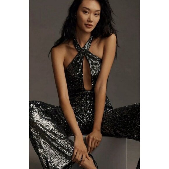 NEW! Anthropologie Maeve Sequin Halter Jumpsuit Carbon Black Silver SZ 10 - Picture 2 of 14